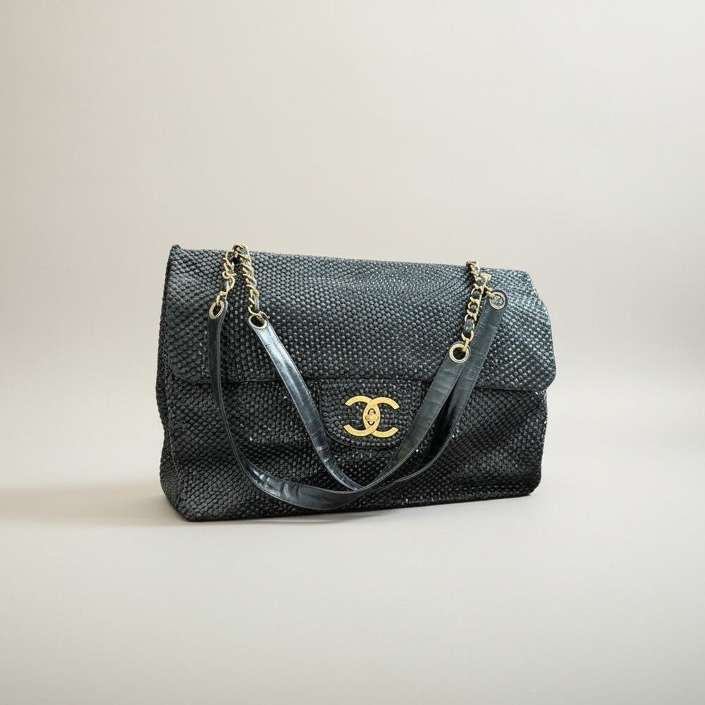 Chanel XXL Jumbo Flap Black Crystal Studded CC Bag Gold HW Rare Statement - Picture 3 of 8